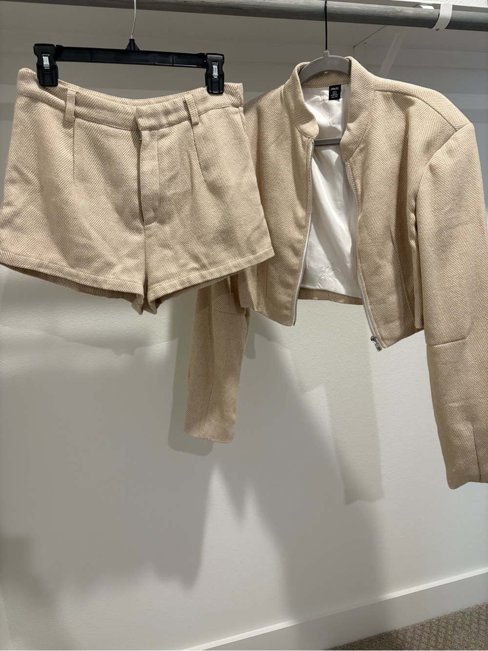 Beige Cropped Jacket & High-Waist Shorts Set